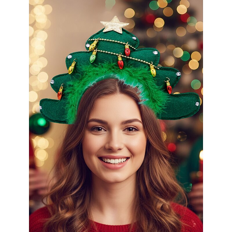 Women's Christmas Tree Headband with Ornaments and Star, Festive Holiday Costume Hair Accessory for Xmas Parties & Celebrations2