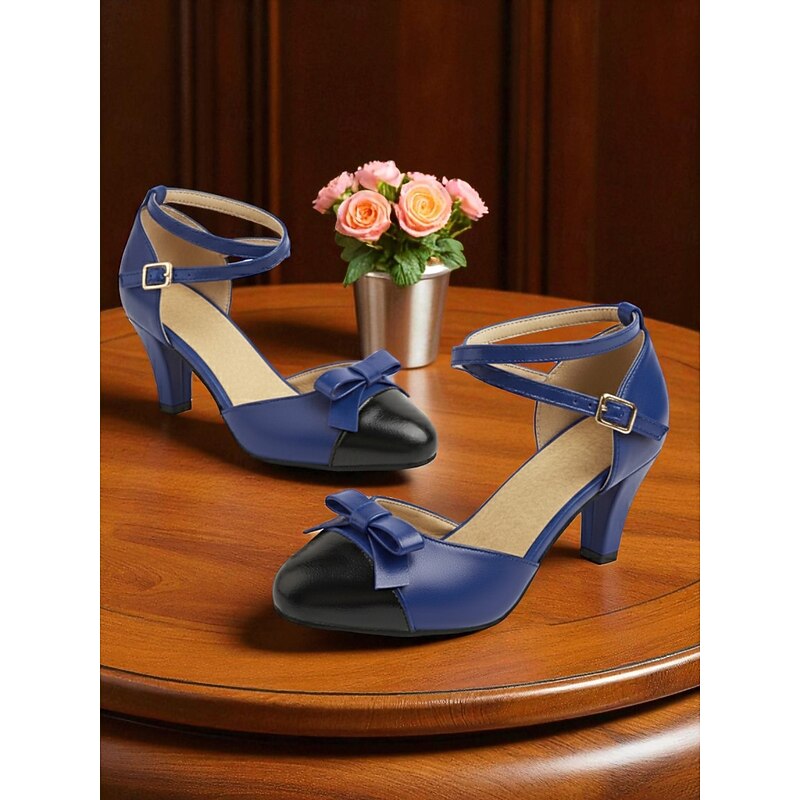 Women's Blue and Black Faux Leather Ankle Strap Heels with Bow - 1950s Vintage Retro Mary Jane Style Dress Shoes for Ladies, Perfect for Weddings, Parties & Formal Outfits3