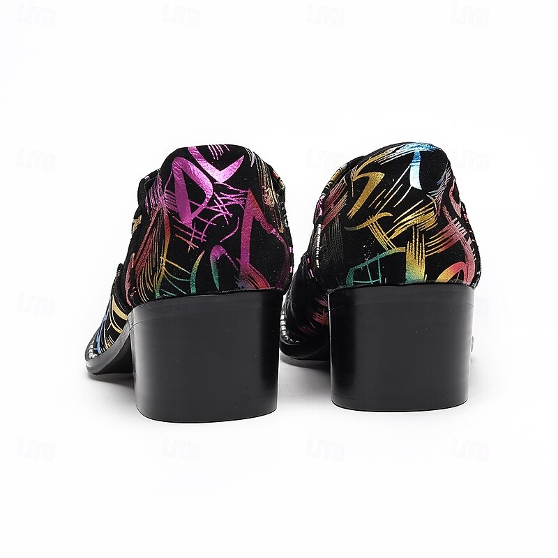 Men's Black Genuine Leather Graffiti Pattern Dress Shoes with Pointed Toe and Block Heel, 100% Cowhide Oxford Shoes for Stage, Parties and Fashion Events4