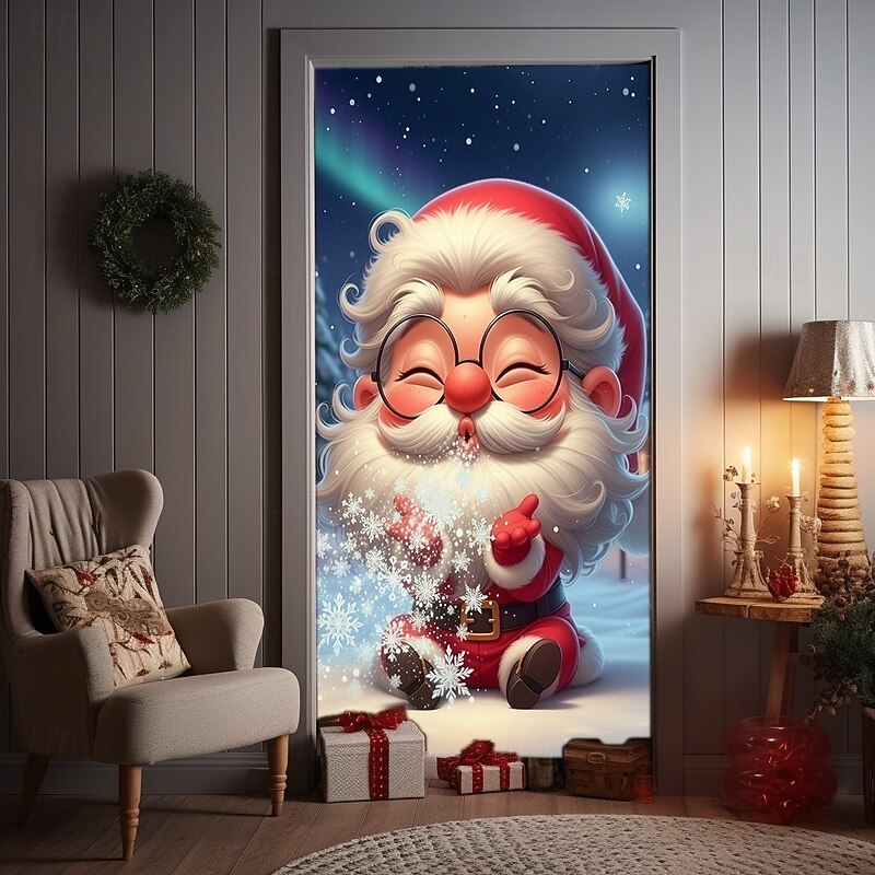 Christmas Door Cover Animated Style Holiday Decoration Drapes with Santa Claus Aurora Borealis and Snowflakes Print for Home Entryway Living Room Bedroom Indoor Outdoor Festive Seasonal Decor2