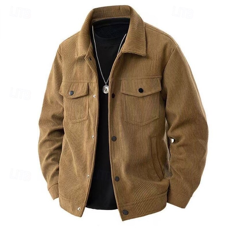 Men's Corduroy Shirt Cargo Shirt Black Brown Green Gray Long Sleeve Turndown School Training Ruched Clothing Apparel Vintage Casual3