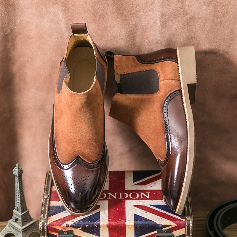 Men's Brown and Black Chelsea Boots with Brogue Detailing, Genuine Faux Leather Slip-On Ankle Boots for Business, Weddings and Smart Casual Wear3