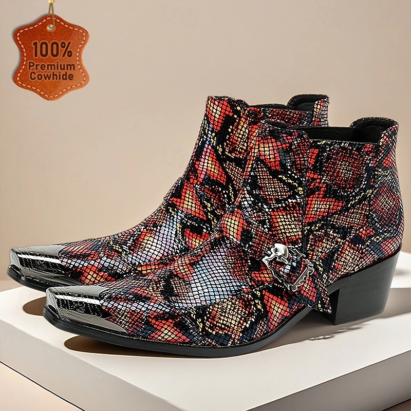 Men's Red Python Pattern Leather Cowboy Boots with Pointed Toe and Side Buckle Strap, 100% Cowhide Snake-Print Ankle Boots for Stage & Fashion Shows 2