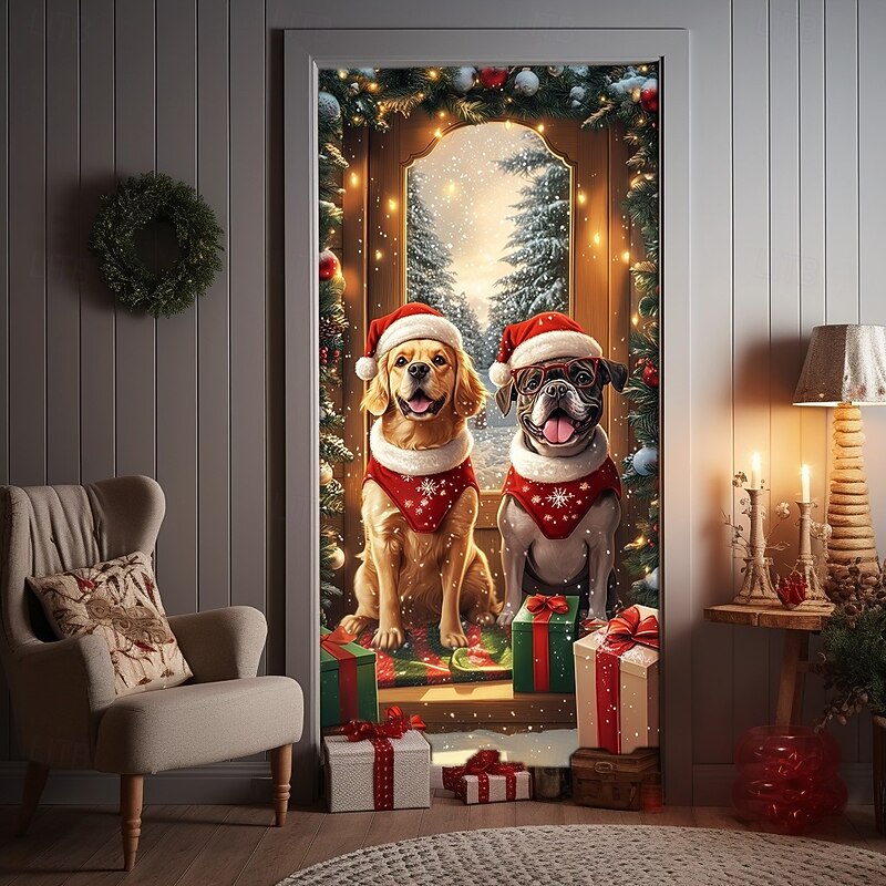 Christmas Door Cover Winter Holiday Decoration Drapes with Puppy Wearing Christmas Hat Opening Door in Snowy Scene Print for Home Entryway Living Room Bedroom Indoor Outdoor Festive Decor4