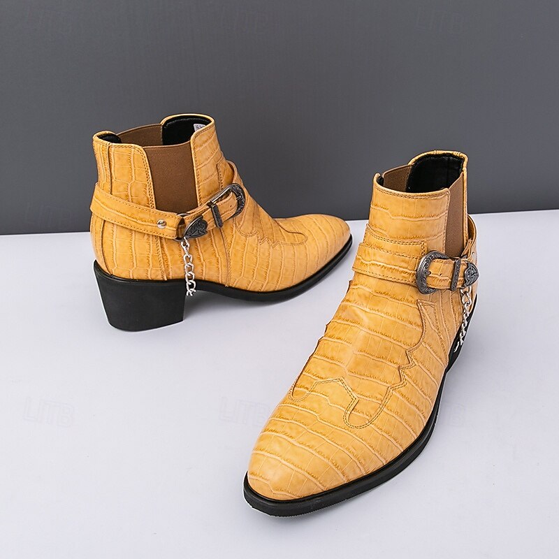 Men's Yellow Crocodile-Pattern  Ankle Boots with Buckle Strap and Block Heel, Stylish Western Motorcycle Boots for Parties and Stage Wear2