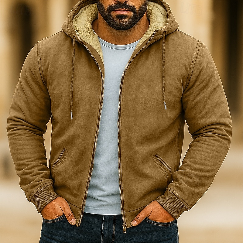 Men's Hoodie Full Zip Hoodie Fleece Hoodie Fleece lined Hoodie Brown Green Khaki Gray Hooded Plain Patchwork Sports & Outdoor Casual Daily Streetwear Cool Sportswear Fall Winter Clothing Apparel