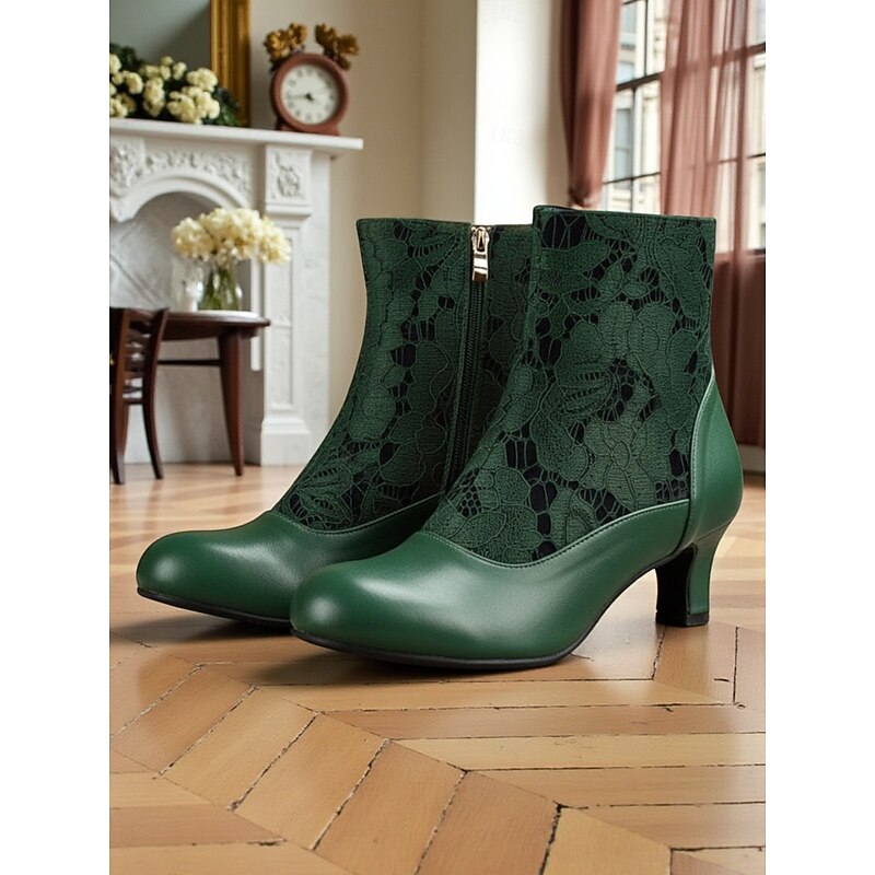 Women's Burgundy Faux Leather Lace Ankle Boots, Victorian 1910s Vintage Edition Witch Boots with Mid Heels for Retro Outfits, Cosplay, Weddings & Elegant Parties2