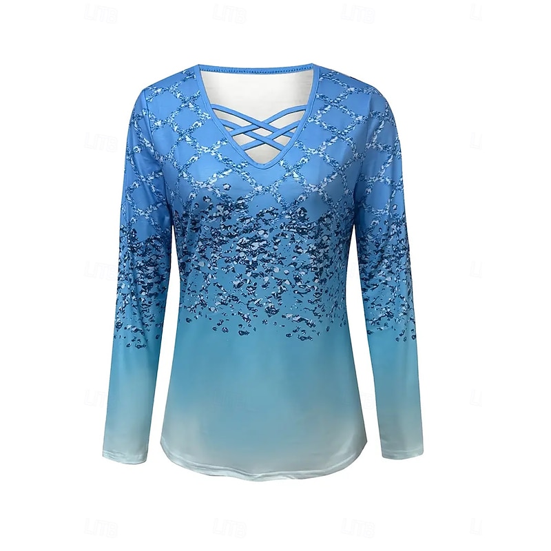 Women's T Shirt Ombre Graphic Vintage Stylish Classic Long Sleeve V Neck Regular Tops Daily Cut Out Print Blue Spring Fall3