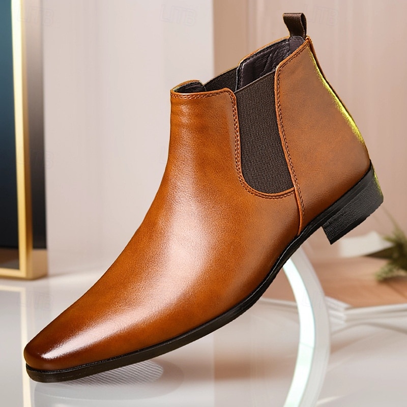 Men's Brown Faux Leather Crocodile Pattern Chelsea Boots with Pointed Toe and Elastic Side Panels, Stylish Dress Ankle Boots for Business, Parties and Formal Occasions2