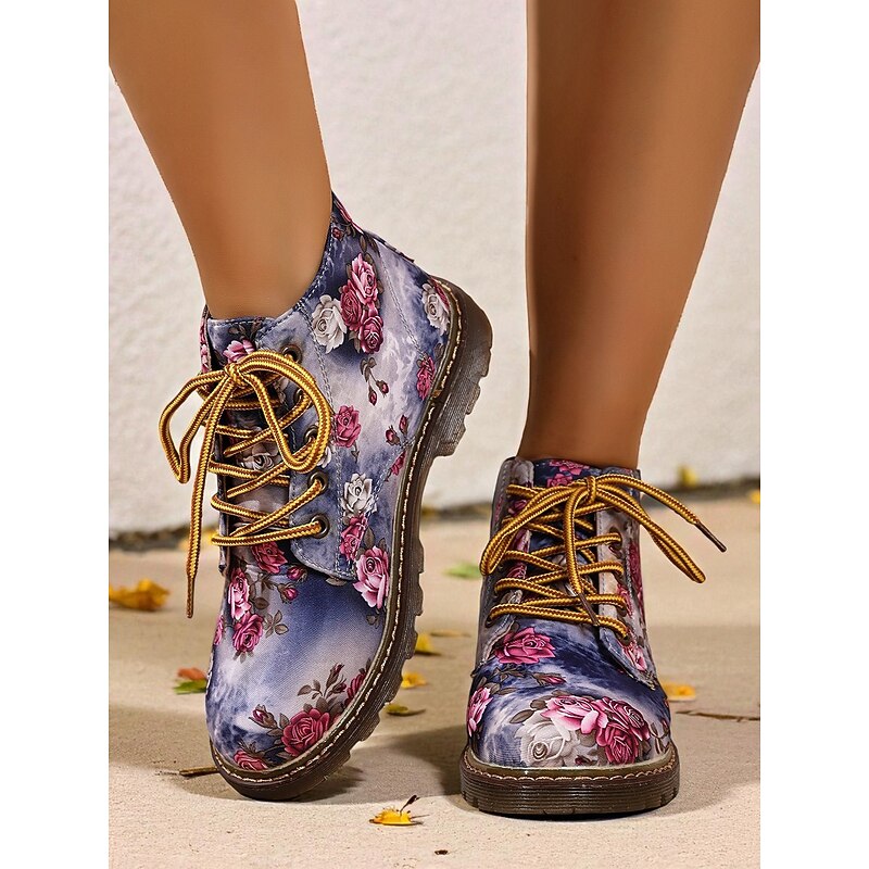 Women's Floral Lace-Up Ankle Boots with Non-Slip Sole, Vintage Print Casual Combat Style Shoes for Comfortable Outdoor Walking & Daily Wear2