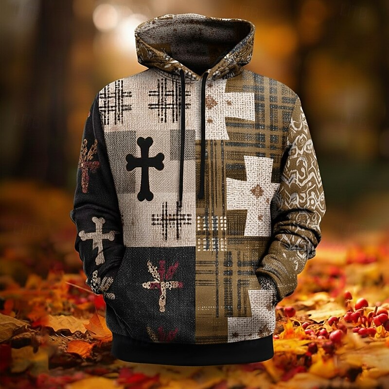 Men's American US Flag Cross Hoodie Sweatshirt Fashion Plaid Crew Neck Outdoor Office Streetwear Red Blue Drawstring Graphic Fall Winter Designer3