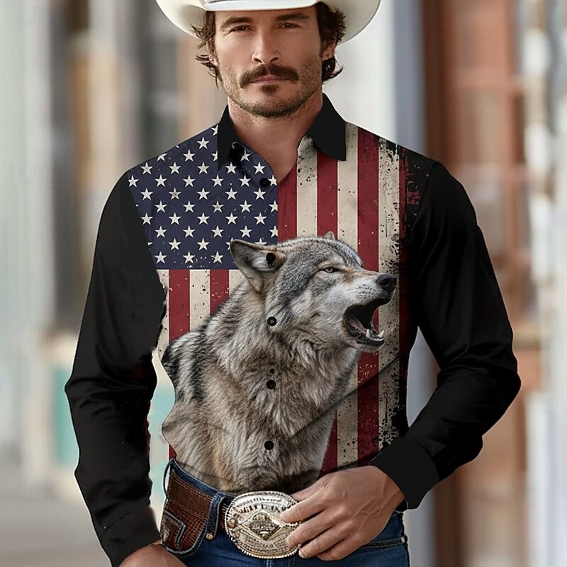 Men's Animal Wolf American US Flag Shirt Western Shirt Button Up Shirt Long Sleeve Vintage Retro Holiday Casual Daily Spring Fall Turndown 3D Print Collared Shirts Black 1 Black