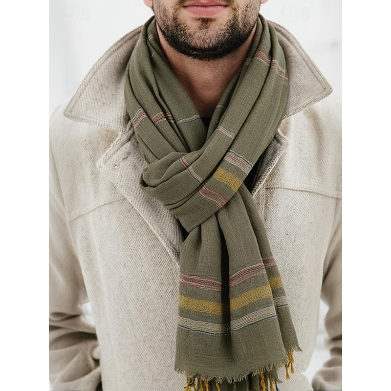 Men's Lightweight Striped Cotton Scarf – Casual Vintage Style Soft Fringed Shawl for Autumn Winter Outdoor Travel and Daily Wear