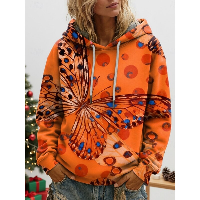 Women's Pullover Hoodies Floral Butterfly Fashion Streetwear Casual Long Sleeve Hooded Regular Tops Dailywear Casual Drawstring Print Orange Green Spring Fall Winter