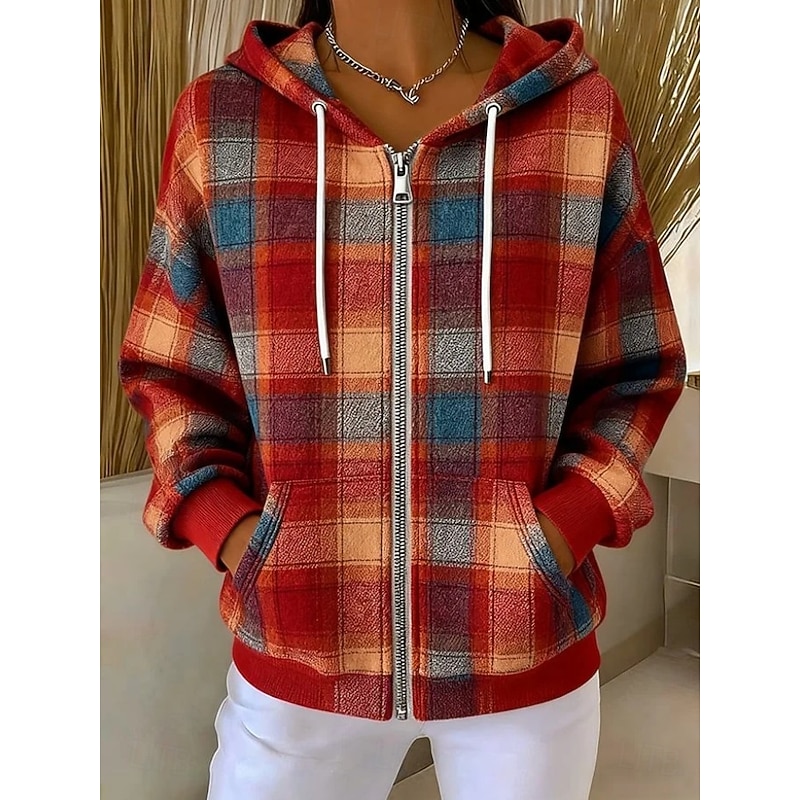 Women's Zip Up Hoodies Graphic Plaid Fashion Casual Long Sleeve Hooded Regular Tops Street Dailywear Zipper Pocket Print Orange Brown Spring Fall Winter