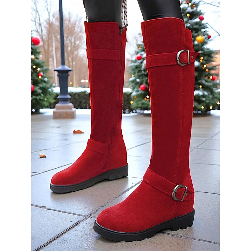 Women's Boots Christmas Daily Knee High Boots Buckle Low Heel Round Toe Classic Casual Minimalism Faux Suede Zipper Almond Black Red2