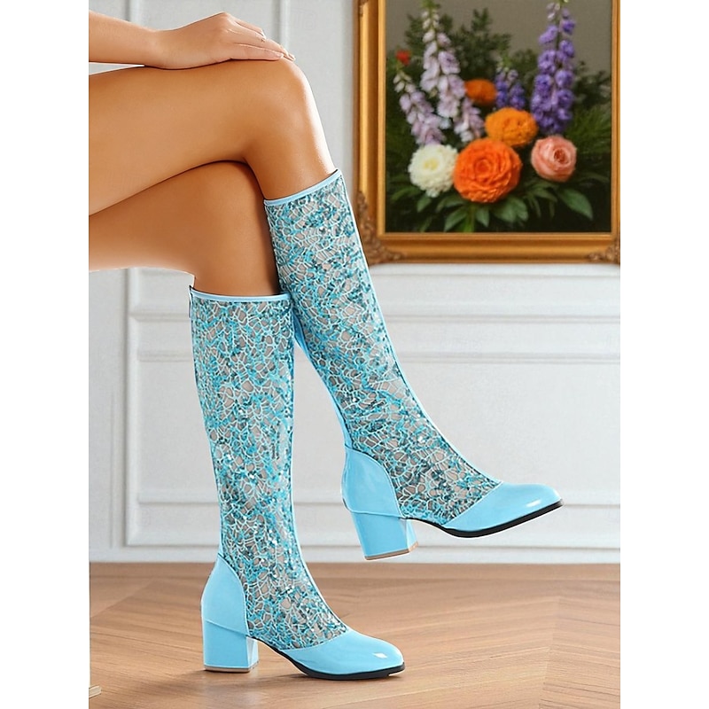 Women's Blue Lace Mid-Calf Boots with Block Heel - Elegant Vintage Retro Mesh Boots for Weddings, Parties & Cosplay Costumes2