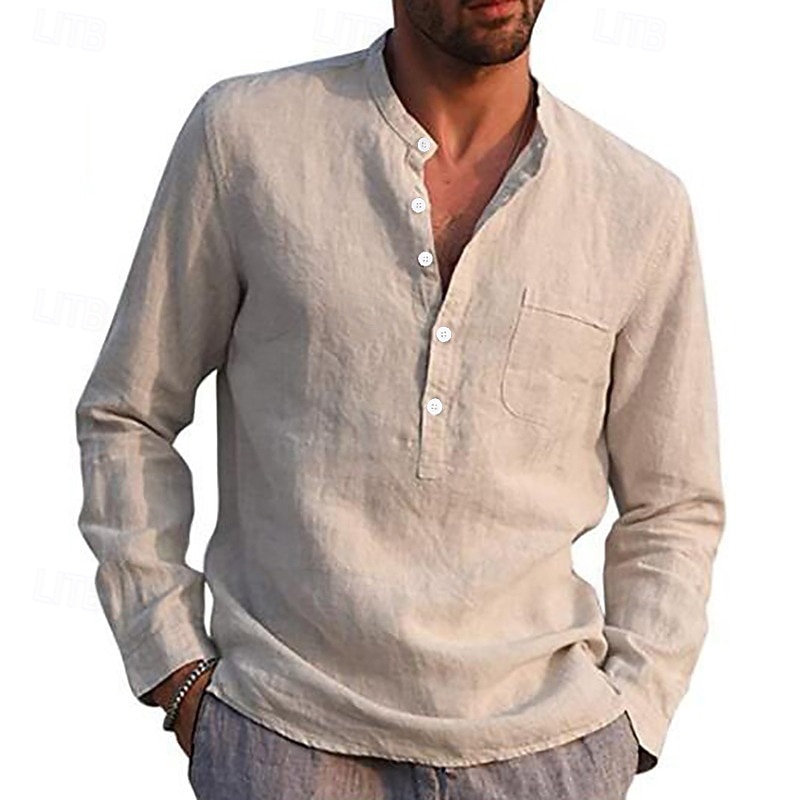Men's Linen Shirt Band Collar Shirt Summer Shirt Beach Wear Solid Color Daily Hawaiian Black White Wine Navy Blue Long Sleeve Henley Spring & Fall Clothing Apparel Collared Shirts4