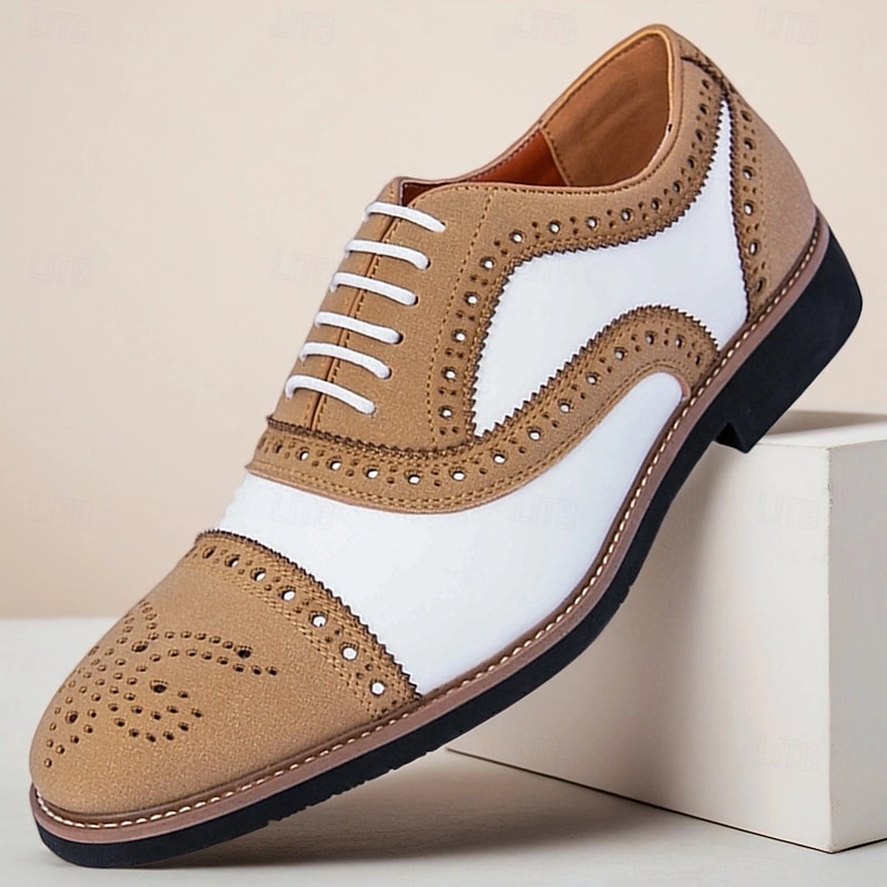 Men's Brown and White Brogue Oxford Shoes with Classic Perforated Design, British Style Leather Dress Shoes for Business, Weddings and Formal Events
