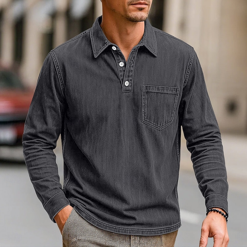 Men's Polo Shirts Golf Polos Shirts Street Business Classic Long Sleeve Vintage Basic Solid Color Plain Pocket Fall Winter Cross-Seasons Loose Fit Black Pink Navy Blue Blue Purple Brown Polo Shirts