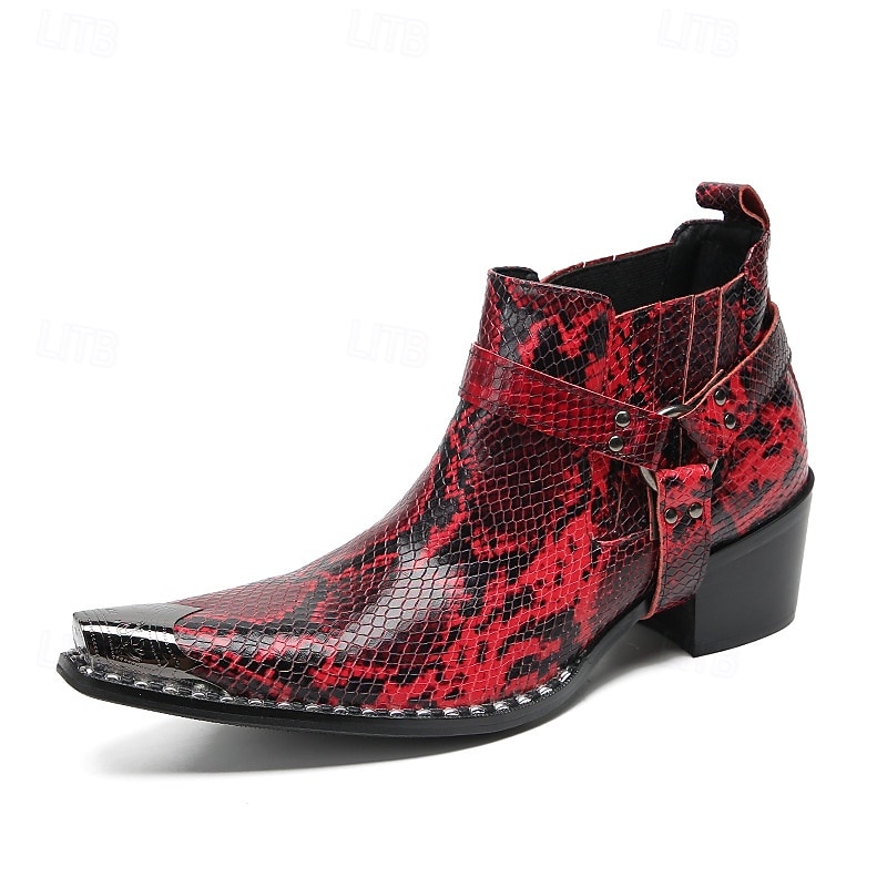 Men's Red Genuine Leather Snake Pattern Western Boots with Pointed Toe and Buckle Strap, 100% Cowhide Cowboy Ankle Boots for Stage, Parties and Fashion Shows3