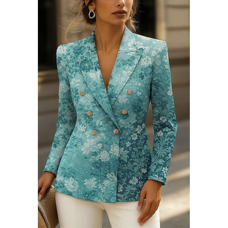 Women's Blazer Warm Comfortable Buttons Vintage Fashion Classic Modern Floral Formal Vacation Home Casual Double Breasted Regular Notch Lapel Regular Fit Long Sleeve Outerwear Blue Purple Green
