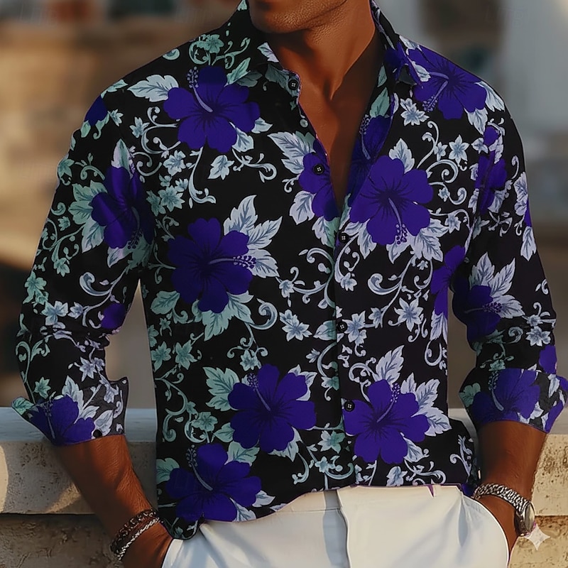 Men's Floral Print Flowers Shirt Button Up Shirt Long Sleeve Fashion Casual Holiday Casual Daily Spring Fall Turndown 3D Print Collared Shirts Purple Green Rose Red