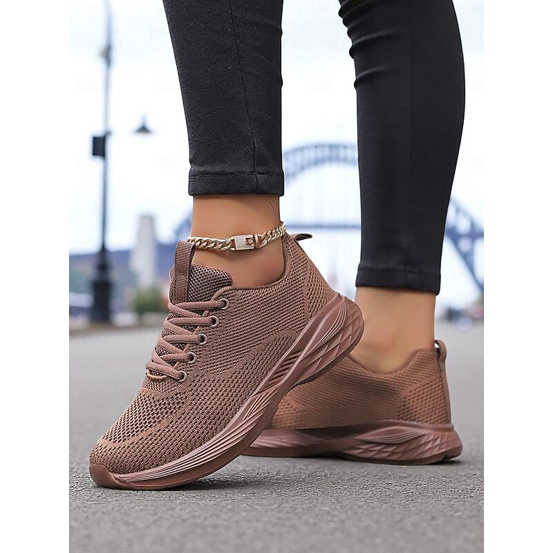 Women's Coffee Flyknit Lace-Up Sneakers with Breathable Mesh Upper and Cushioned Sole, Lightweight Casual Walking Shoes for Running, Travel & Everyday Wear