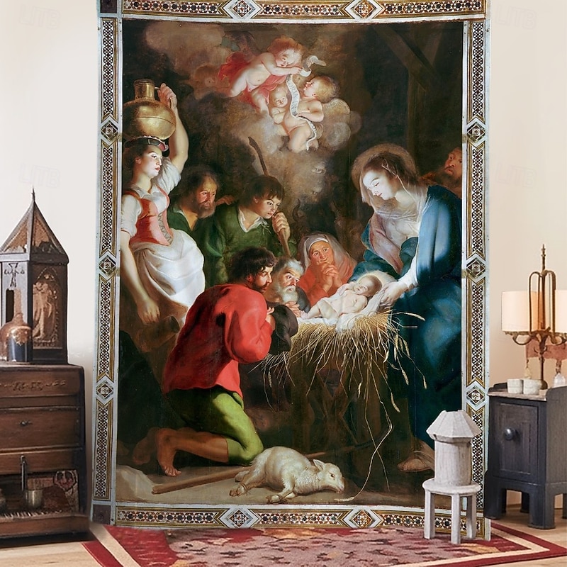 Christmas Hanging Tapestry Nativity Scene Oil Painting Style Jesus Birth Large Wall Art Mural Decor Blanket Curtain Holiday Home Bedroom Living Room Religious Celebration Decoration