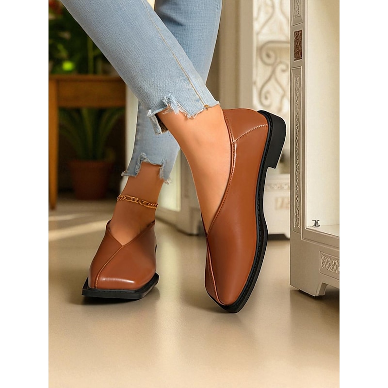 Women's Brown Faux Leather Flats - Fashion Square Toe Slip-On Loafers for Office, Casual Wear & Daily Comfort3