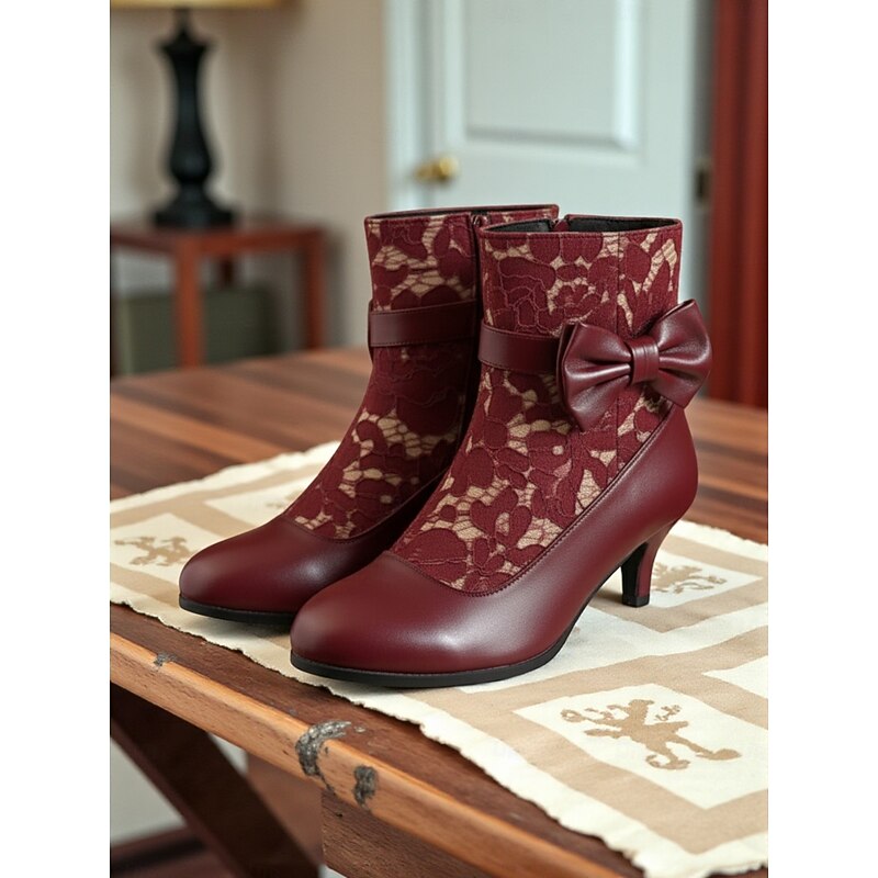 Women's Green Faux Leather Lace Ankle Boots with Bow, 1920s Great Gatsby Vintage Mid-Heel Booties for Cocktail Parties, Dance Events & Retro Outfits4