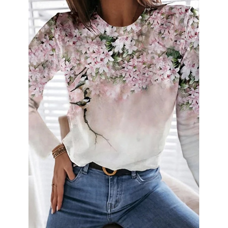 Women's T Shirt Floral Graphic Plants Vintage Fashion Stylish Long Sleeve Crew Neck Round Neck Regular Tops Daily Weekend Print Pink Blue Purple Green Summer Spring Fall