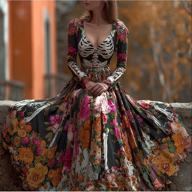 Halloween Women's Maxi Dress Pleated Dress Boho Party Date Going out Regular Fit Skull Long Sleeve V Neck Black Wine Fall Winter2