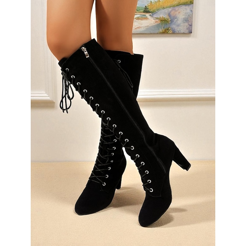 Women's Knee-High Lace-Up Suede Boots, Vintage Chic Style Block Heel Tall Boots for Fall & Winter Outfits, Cosplay, and Daily Wear3