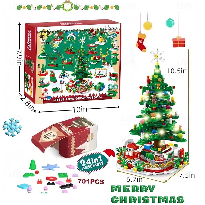 Christmas Tree Building Block Advent Calendar with LED light, Xmas Gift Box Countdown Calendar, 24 Days Building Block for Kids Adult Creative Gifts for Adults Teens Girls4