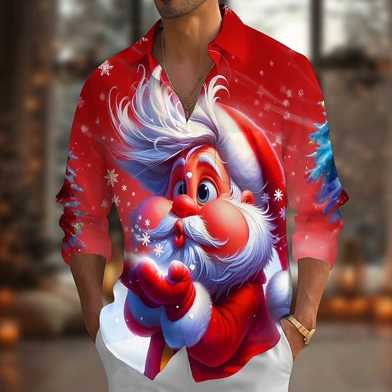 Christmas Men's Santa Claus Snowflake funny christmas Shirt Button Up Shirt Long Sleeve Funny Holiday Spring Fall Turndown 3D Print Collared Shirts Front One Pocket Red Blue Gold3