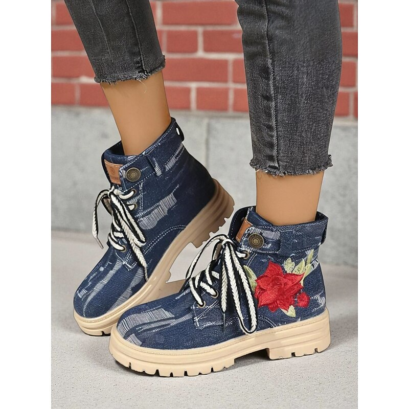 Women's Blue Denim Lace-Up Ankle Boots with Red Rose Embroidery and Chunky Non-Slip Sole, Stylish Casual Combat Boots for Fall Winter Outfits
