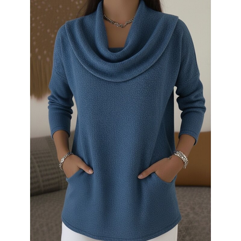 Women's Blouse Solid Color Stylish Casual Long Sleeve Cowl Neck Regular Tops Daily Ruched Pocket Red Blue Brown Spring Fall Winter2