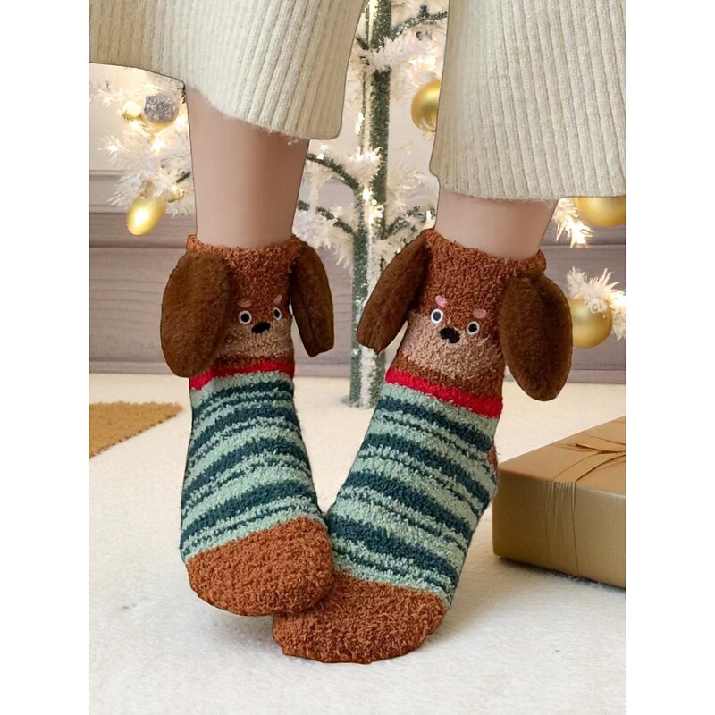 Women's Christmas Cozy Fuzzy Socks, Cute Dog Design Warm Winter Homewear Slippers for Holiday Lounging & Gifts3