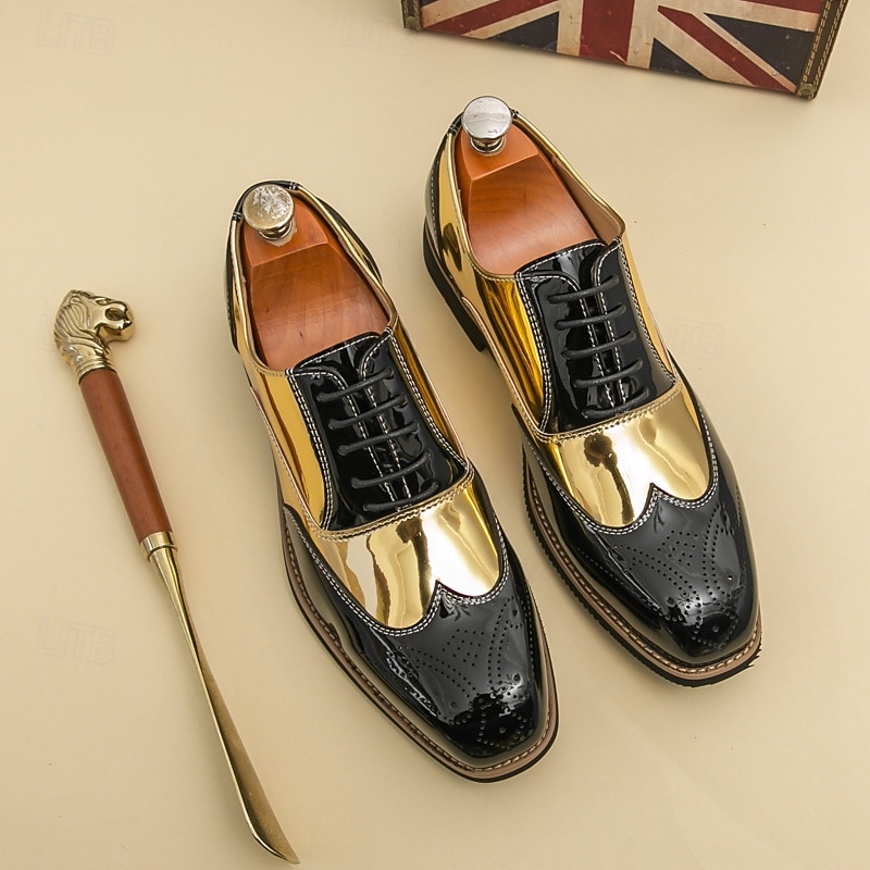 Men's Gold and Black Patent Leather Oxford Shoes with Brogue Detailing, Formal Dress Shoes for Parties, Weddings and Gatsby-Themed Events4