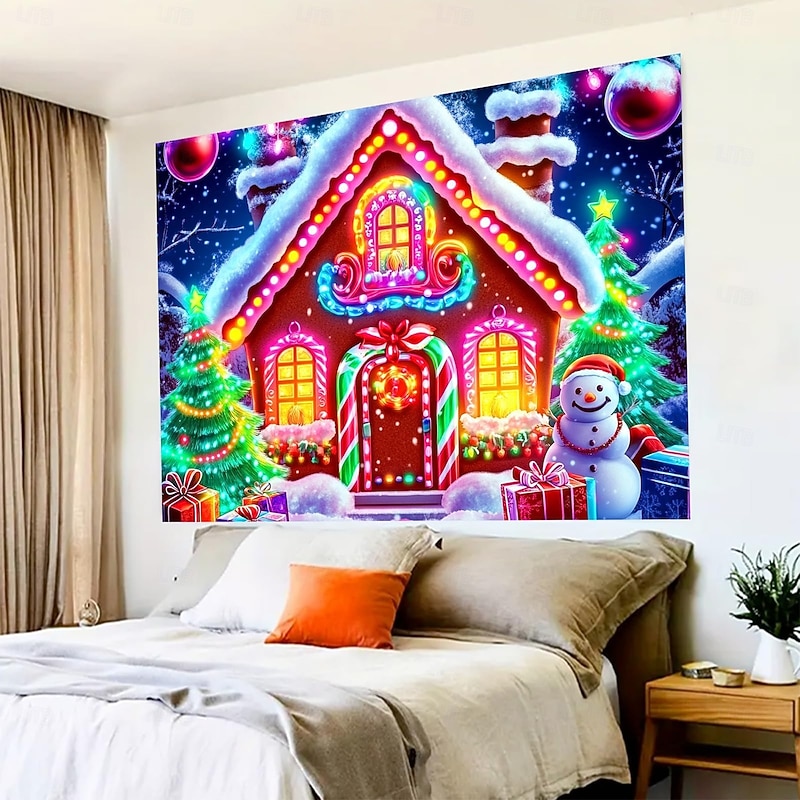 Christmas Hanging Tapestry Neon Gingerbread House with Christmas Tree Large Wall Art Mural Decor Blanket Curtain Holiday Home Bedroom Living Room Festive Seasonal Winter Holiday Decoration2