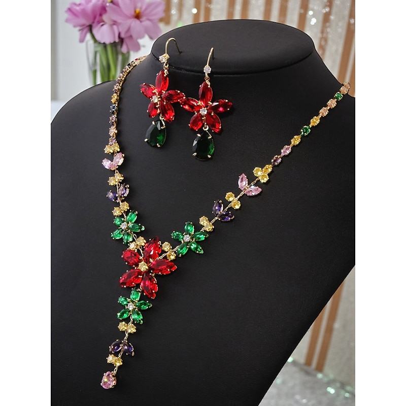 Women's Colorful Crystal Necklace and Earrings Set, Elegant Floral Statement Jewelry for Christmas Party & Cocktail Events