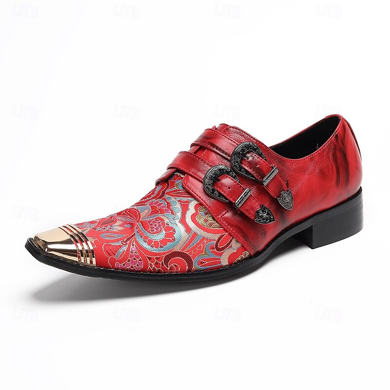Men's Red Genuine Leather Monk Strap Dress Shoes with Paisley Print and Metal Toe Cap, 100% Cowhide Formal Party Shoes for Stage and Evening Fashion2
