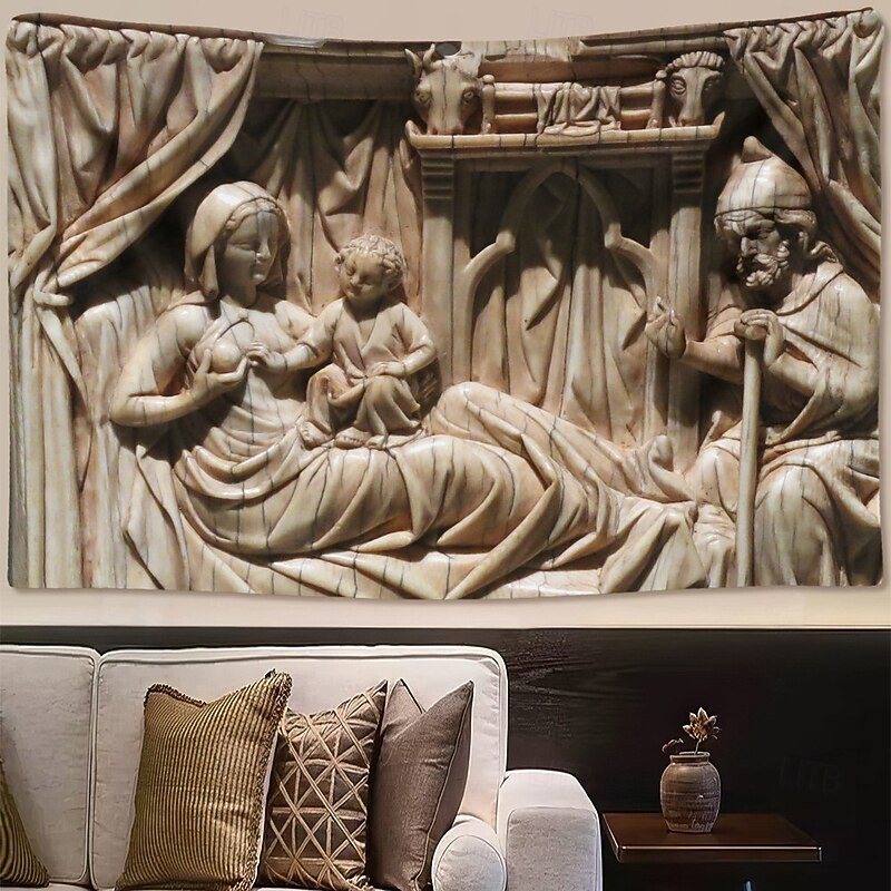 Christmas Hanging Tapestry Nativity Scene Medieval Carving Style Jesus Birth Large Wall Art Mural Decor Blanket Curtain Holiday Home Bedroom Living Room Religious Celebration Decoration2