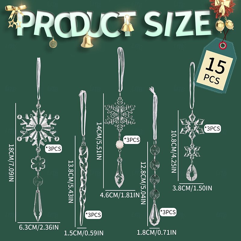 15pcs Christmas Crystal Hanging Ornaments, Transparent Acrylic Icicle and Snowflake Decorations for Xmas Tree, Holiday Home Decor2