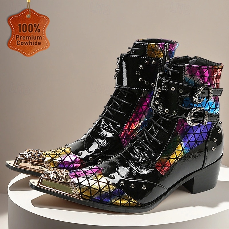 Men's Black Genuine Leather Multicolor Geometric Pattern Cowboy Boots with Studs and Buckles, 100% Cowhide Western Ankle Boots for Concerts and Rock Stage Fashion