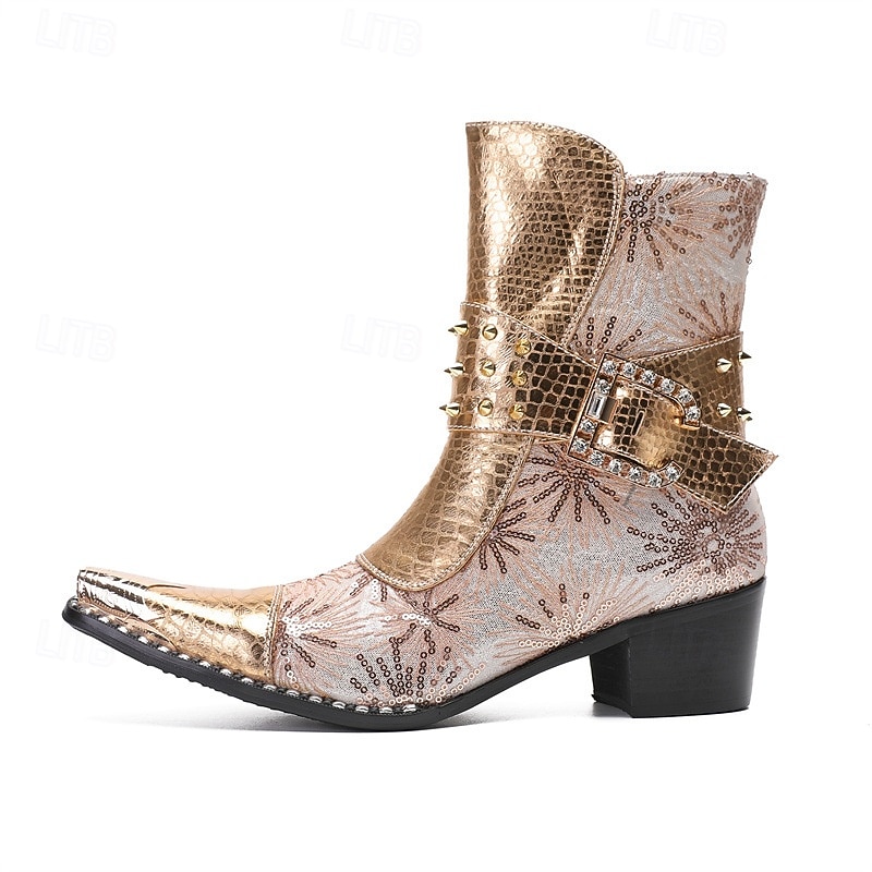 Men's Gold Genuine Leather Crocodile Pattern Cowboy Boots with Metal Studs and Side Zipper, 100% Cowhide Western Boots for Parties, Shows and Concerts3