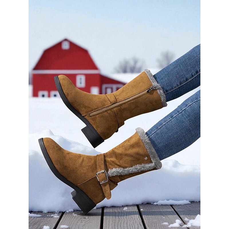 Women's Black Mid-Calf Snow Boots with Faux Fur Lining and Side Zipper, Warm Faux Suede Winter Boots with Buckle Strap for Outdoor Casual Wear3