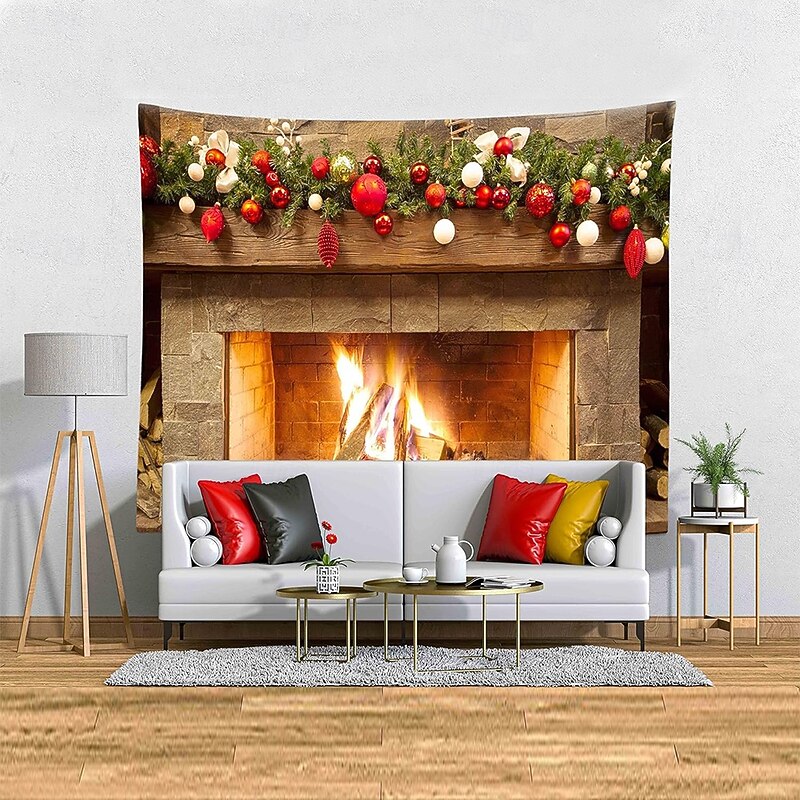 Christmas Tapestry Banners Blanket Ornaments Fireplace 3D Cozy Party Living Room Dorm Shooting Backgrounds Yard Gift Home Decor2