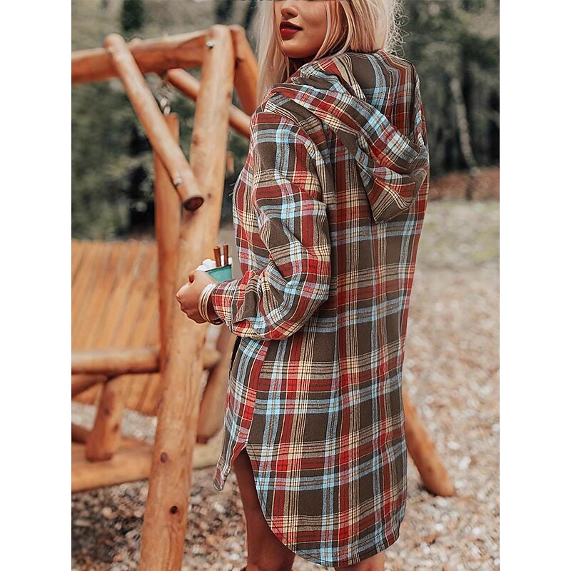 Women's Shirt Graphic Plaid Bohemia Vintage Stylish Long Sleeve Hooded Long Tops Daily Holiday Pocket Buttons Asymmetric Rainbow Spring Fall Winter Spring, Fall, Winter, Summer3